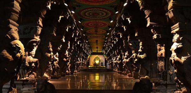 A section of the Thousand Pillar Hall in the Meenakshi Amman Temple.