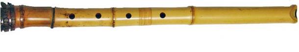 A shakuhachi (尺八), a Japanese bamboo flute, blowing edge up. (Public Domain)