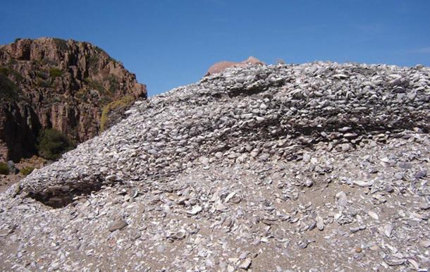 A shell midden in a mound formation, Argentina.