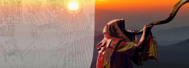 A shofar is sounded under the rising sun, while Akhenaten offers incense offerings to the same sun wearing a crown of ram’s horns and sun discs. (Author Provided)