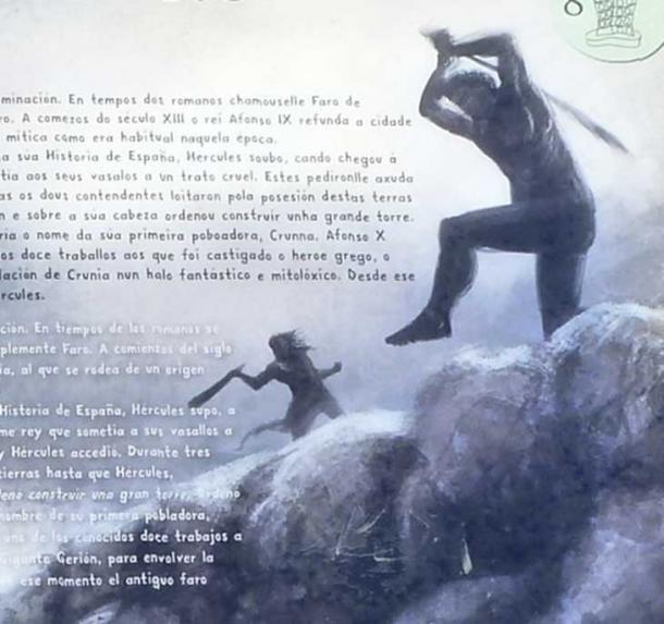 A signboard below the Tower of Hercules in La Coruña, on the north-west coast of Spain, shows the Greek hero Hercules battling the giant Geryon there, as told in local legend. This story may lie at the root of Devonshire’s tales of Corineus fighting Goëmagot, and it seems plausible that Corineus was originally imagined as Hercules’s son. (Via author)