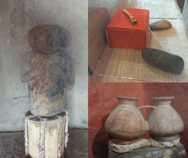 A statue, llama bone flute, stone tools, and one of the many ceramics found at Cochasquí. (Alicia McDermott)