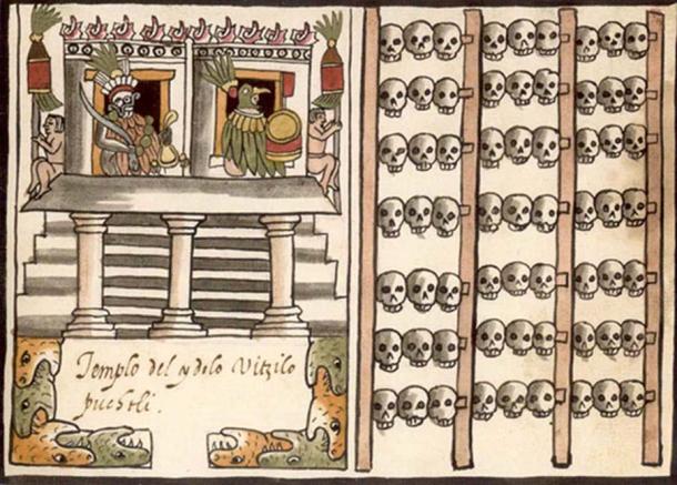 A tzompantli is illustrated to the right of a depiction of an Aztec temple.
