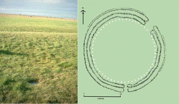 Left, A white disc marks the location of Aubrey hole near the southern entrance to Stonehenge. (Public Domain) Right, Plan of Stonehenge 1 with the Aubrey holes shown as white circles. (CC BY-SA 3.0)