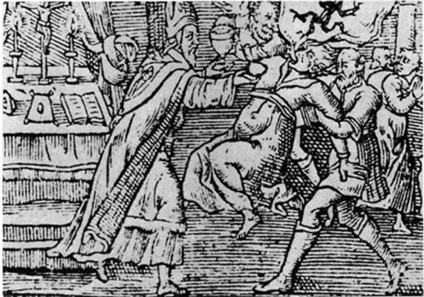 A woodcut from 1598 shows an exorcism performed on a woman by a priest and his assistant, with a demon emerging from her mouth. ( Public Domain )