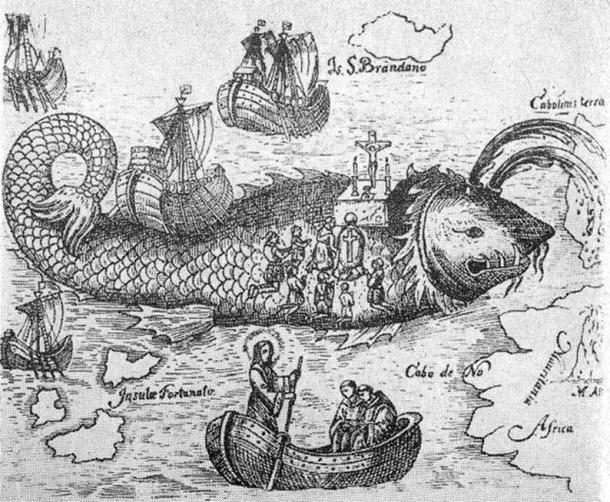 A woodcut which shows the scene from Navigatio Sancti Brendani Abbatis where the saint celebrates a mass on the body of a sea monster.