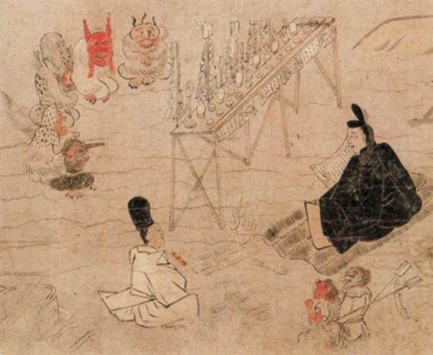 Abe no Seimei and his shikigami before an assembly of god-like demon spirits. (Tobosha / Public Domain)