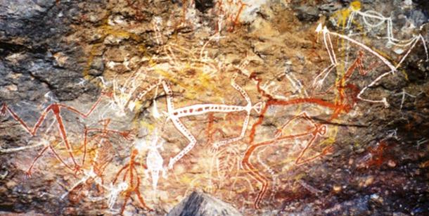 Aboriginal rock painting of Mimi spirits in the Anbangbang gallery at Nourlangie Rock.