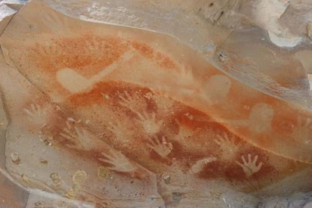 Aboriginal rock art (hafted stone axe and hand stencils) before the bushfire that destroyed the Baloon Cave in Queensland in 2018. (Dale Harding)