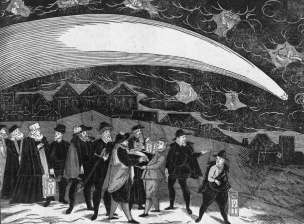 About a terrible and marvelous comet as appeared the Tuesday after St. Martin's Day (1577-11-12) on heaven. (Written by Peter Codicillus of Tulechova) A depiction of the Great Comet of 1577 over Prague. In addition to the comet, five zodiac symbols appear in the sky: (L-R) Aries, Pisces, Aquarius, Capricorn, and Sagittarius. Below the comet's tail are the crescent moon and Saturn, depicted as a star with the astronomical symbol ♄. At the bottom center, a man draws the comet by the light of a lantern. (Public Domain)