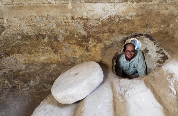 Abraham Tendler, the excavation director, inside a hiding refuge that was connected to a ritual bath (miqwe) during the Bar Kokhba uprising. 