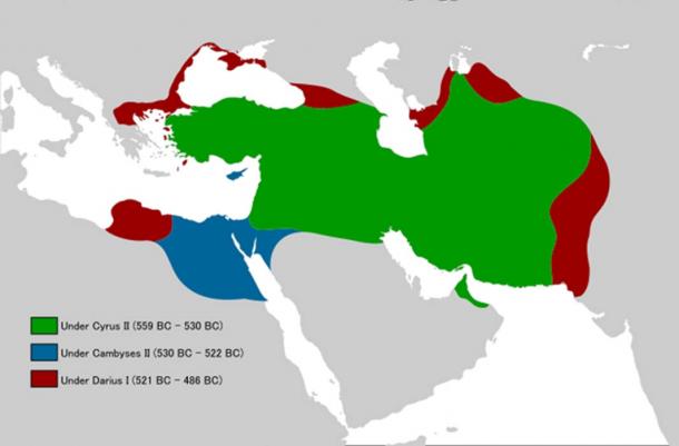 Map of the expansion process of Achaemenid territories under different kings. 
