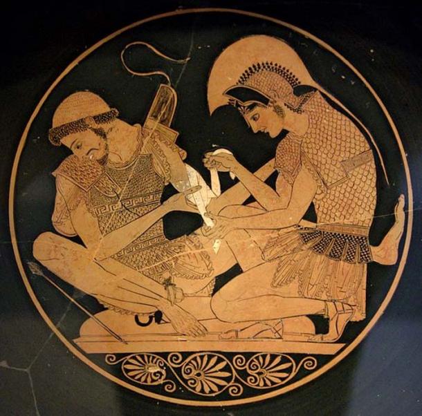 Achilles tending Patroclus wounded by an arrow, identified by inscriptions on the upper part of the vase. Tondo of an Attic red-figure kylix, ca. 500 BC. From Vulci.