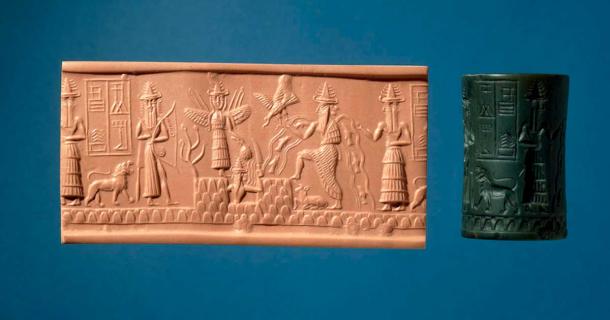 The Adda Seal, a greenstone cylinder seal, at the center of which is the sun god Shamash, or Sumerian Utu, with rays rising from his shoulders. (British Museum / CC BY-NC-SA 4.0)