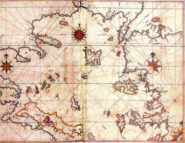 Historic map (1528) of Aegean Sea by geographer Piri Reis. 