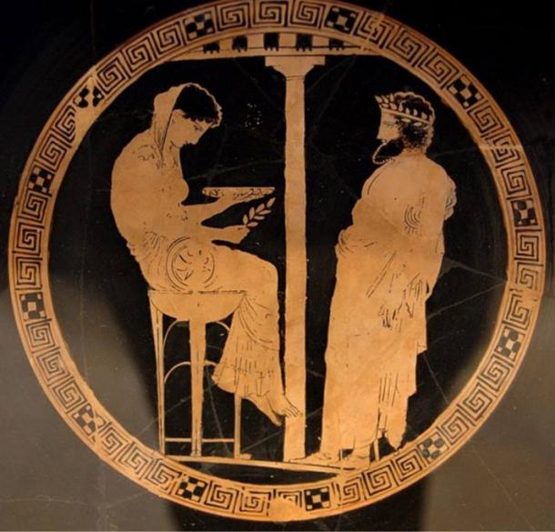 Aegeus consults with Themis, Oracle of Delphi.  Circa 440–430 B.C.