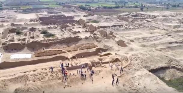 Aerial of the area of  Chan Chan city in Trujillo, Peru currently being excavated. (Youtube Screshot)