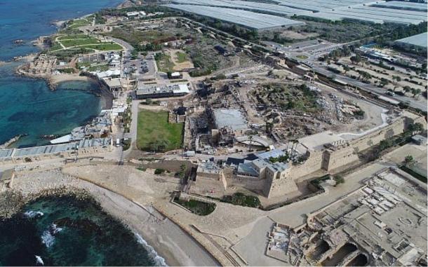 Aerial photo of the ancient port of Caesarea Maritima where the Byzantine inscription was found. (Yaakov Shimdov/Israel Antiquities Authority)