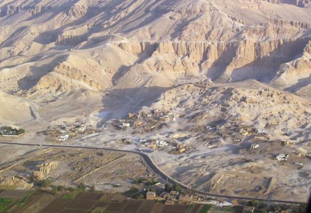 Aerial view of the Ramesseum and Sheikh Abd el-Qurna where the Abd el-Rassul family lived and traded looted artifacts.