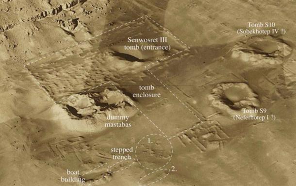 Aerial view taken by the British Royal Air Force, c.1924 showing the environs of the Senwosret III tomb enclosure.