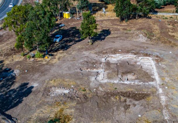 Aerial view of 1,300-year-old church in the village of Kfar Kama, near Mount Tabor. (Alex Wiegmann, Israel Antiquities Authority)
