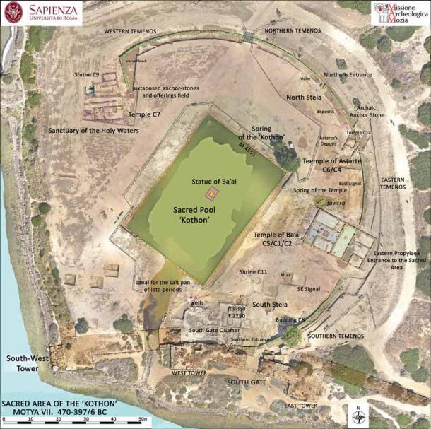 Aerial view of the sacred area of the ‘Kothon’ on the island of Motya, with the main structures investigated by Rome ‘La Sapienza’ University (© Sapienza University of Rome Expedition to Motya / Antiquity Publications Ltd).
