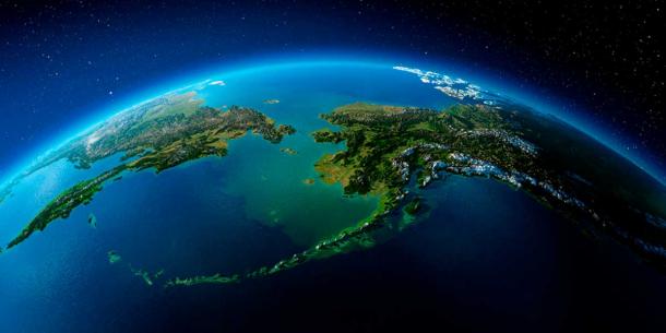 Aerial image of the showing Alaska, the Bering Strait and Siberia. (Anton Balazh / Adobe Stock)