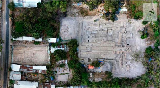 Aerial view of brick foundations at Go Sau Thuan in the Óc Eo complex. (Khanh Trung Kien Nguyen)