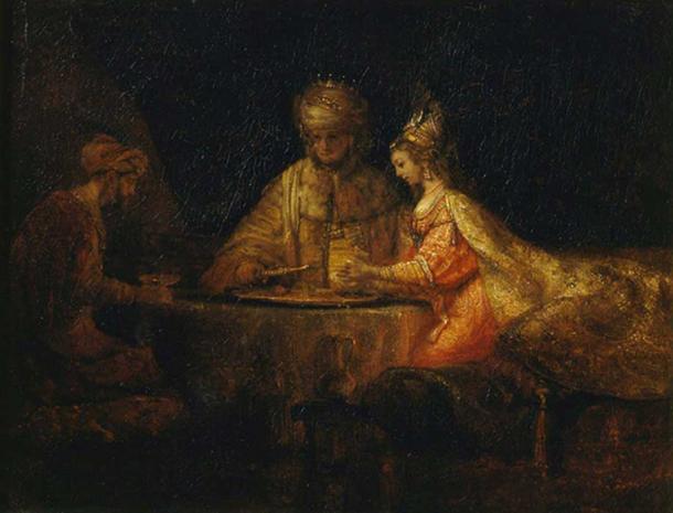 Ahasuerus and Haman at the Feast of Esther (1660) Rembrandt.