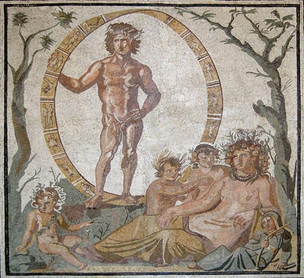 Aion y Gaia con cuatro hijos, quizás las estaciones personificadas, mosaico de una villa romana en Sentinum, primera mitad del siglo III a.