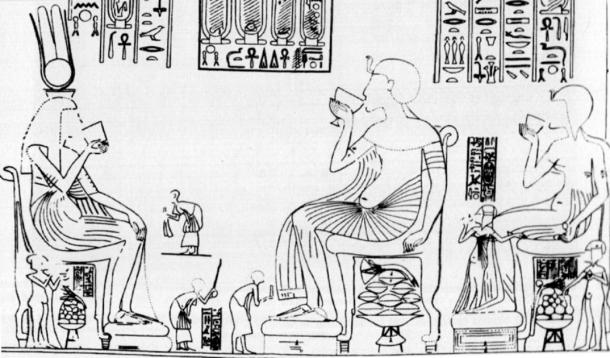 Akhenaten consumes wine with his wife, children, and even mother, Queen Tiye, in a scene from the Tomb of Amarna noble Huya. (Davies, N. de G., The Rock Tombs of El Amarna: Parts I - VI. (London, Egypt Exploration Fund, 1908; 6 volumes originally, Part V and VI being reprinted by the Egypt Exploration Society, 2004).)