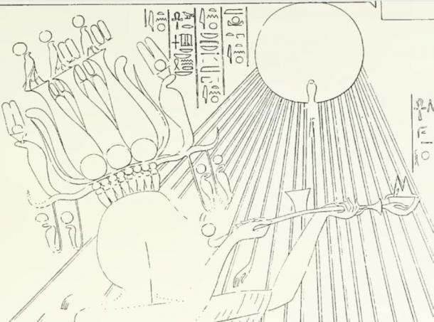 Akhenaten wears the hemhem crown with shofar-like horns and sun discs, under the rays of the Aten sun disc, joyously offering incense and food alongside his wife, Nefertiti (from the tomb of Panehesy – Davies, N. de G., The Rock Tombs of El Amarna: Part II – The Tombs of Panehesy and Meryra II). (Davies, N. de G., The Rock Tombs of El Amarna: Parts I - VI. (London, Egypt Exploration Fund, 1908; 6 volumes originally, Part V and VI being reprinted by the Egypt Exploration Society, 2004).