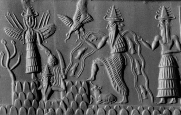 Акадски цилиндров печат, датиран около 2300 г. пр. Н. Е., Изобразяващ божествата Инана, Уту и Енки, трима членове на Анунаките.