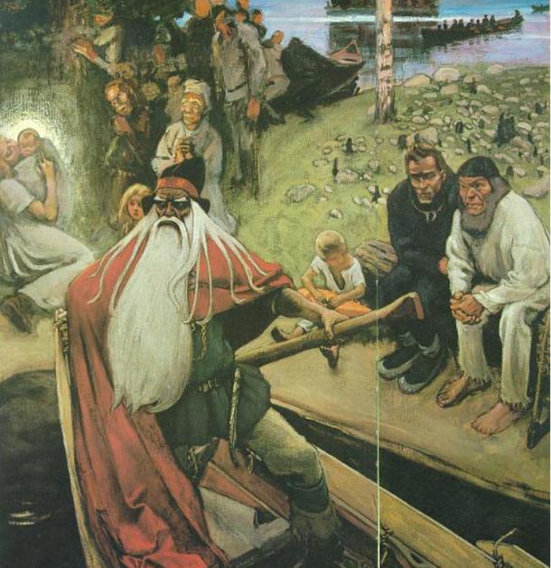 Akseli Gallen-Kallela: The Departure of Väinämöinen (Wainamoinen) succeeds in stopping the tragedies the children of Loviatar will bring. Hämeenlinna Art Museum 1896-1906.