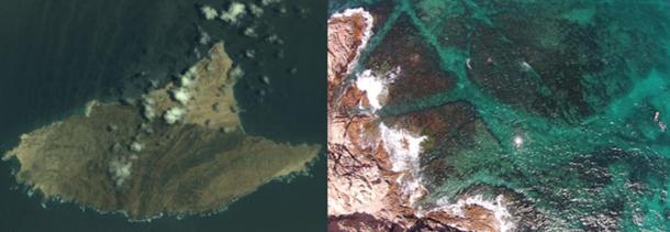 Al Hallanyiah Island and an aerial photo of wreck site.