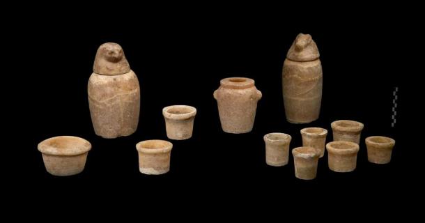 Alabaster canopic jars and cups found in the tomb. (Egyptian Ministry of Antiquities)