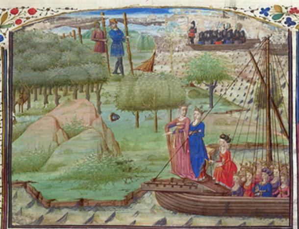 Albina and other daughters of Diodicias (front). Two giants of Albion are in the background, encountered by a ship carrying Brutus and his men. French Prose Brut, British Library Royal 19 C IX, 1450-1475 (Public Domain)