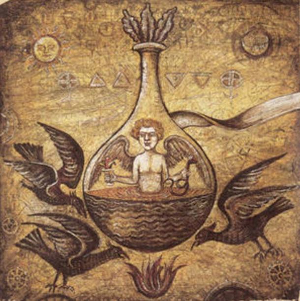 Alchemical illustration of a Homunculus in a vial