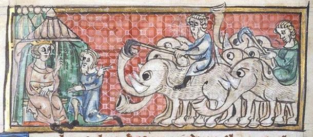 14th century illustration of Alexander being presented with elephants.