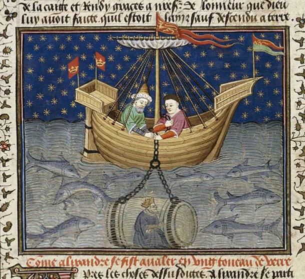 ‘Alexander explores the sea in a submarine.’ (1444-1445)