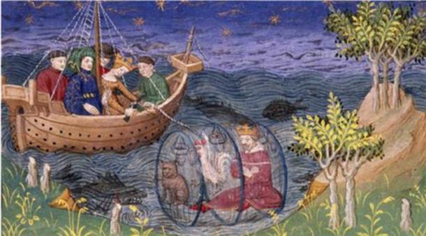 Alexander in his ‘submarine’. British Library, Royal MS 15 E. vi f. 20v. (Author provided)