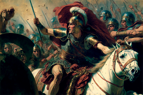 Alexander the Great riding horseback, wielding a sword mid-battle and leading his military troops in battle to conquer Persepolis. (Justinas/Adobe Stock)