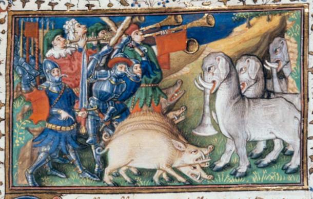 Alexander the Great driving off elephants with war pigs and musical instruments in a detail from a French illuminated manuscript from 1420. (The British Library / CC BY 4.0)
