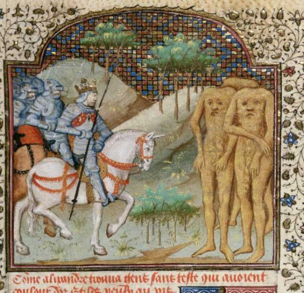 Alexander se encuentra con los Blemmyes, alrededor de 1444. Esta criatura folclórica ha sido descrita por Heródoto y otros textos como una población real de personas (dominio público)