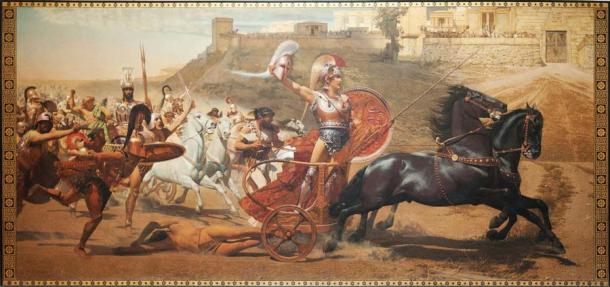Alexander the Great reportedly dragged Batis around Gaza with a chariot to emulate the actions of Achilles, seen here dragging the dead body of Hector in front of the gates of Troy. (Franz von Matsch / CC BY-SA 3.0)
