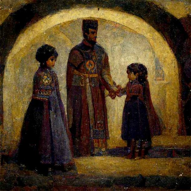 Alexios I Komnenos e Irene Doukaina giocano con la figlia Anna Komnene (MidJourney AI / Public Domain)