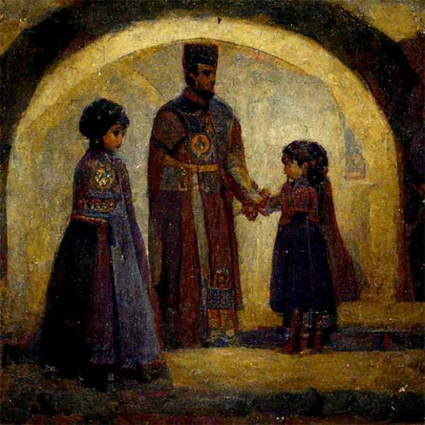 Alexios I Komnenos and Irene Doukaina playing with their daughter Anna Komnene (MidJourney AI / Public Domain)