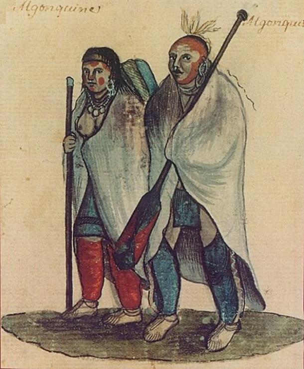 Algonquin couple, 18th-century watercolor. The first Algonquian encountered by the French were the Kitcisìpiriniwak (