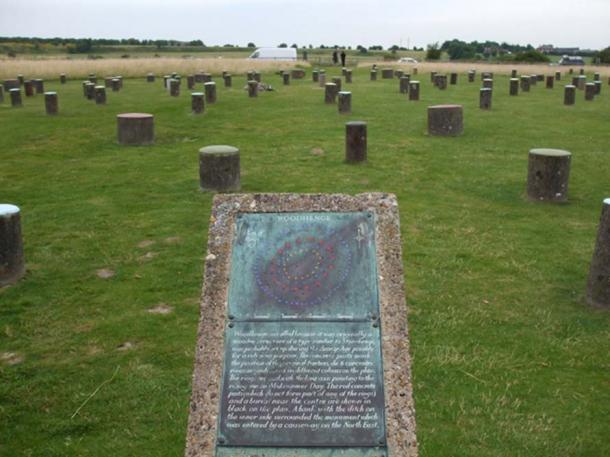 Alternative Woodhenge site with short posts to represent the original exists near Stonehenge in Wiltshire, UK.