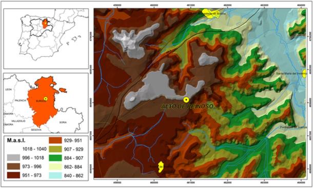 Map showing the geographical location of the Alto de Reinoso megalithic tomb in the Burgos province (Castilla y León, Spain)